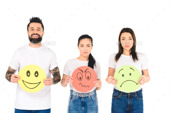 group of young people holding colored cards with angry, sad and happy face expressions isolated on