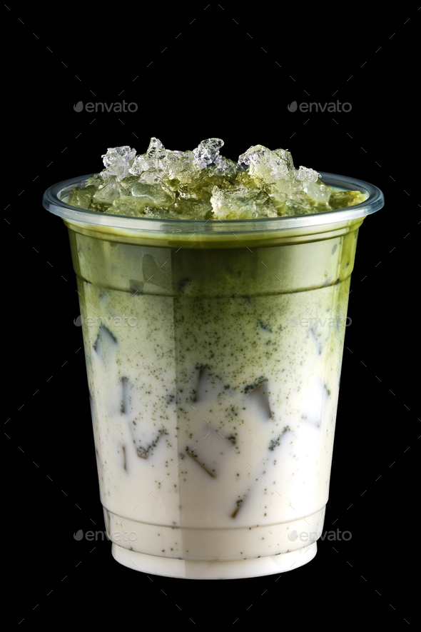 Iced matcha tea and crushed ice in take away cup isolated on black