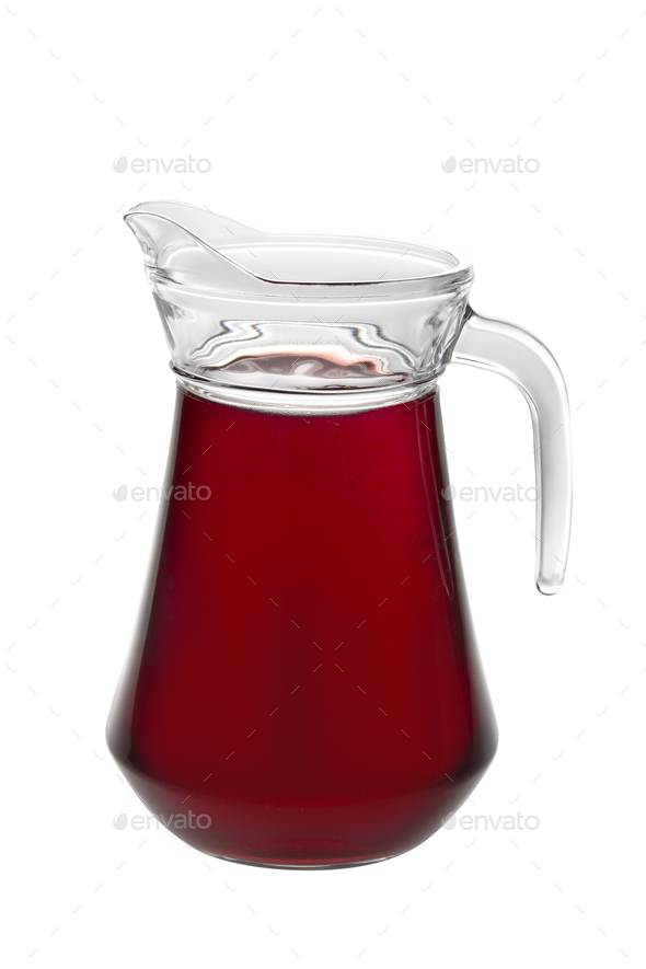 Red Juice In Glass Pitcher Jug Isolated On White Stock Photo