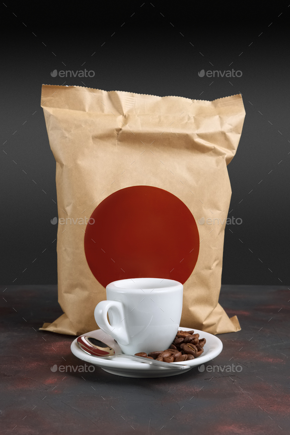 Cup of coffee and vacuum coffee package.