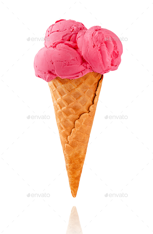 Scoop of pink ice cream isolated on white background, top view