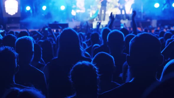 Silhouettes of Crowd of Fans at Rock Concert Near the Stage. Slow Motion alt
