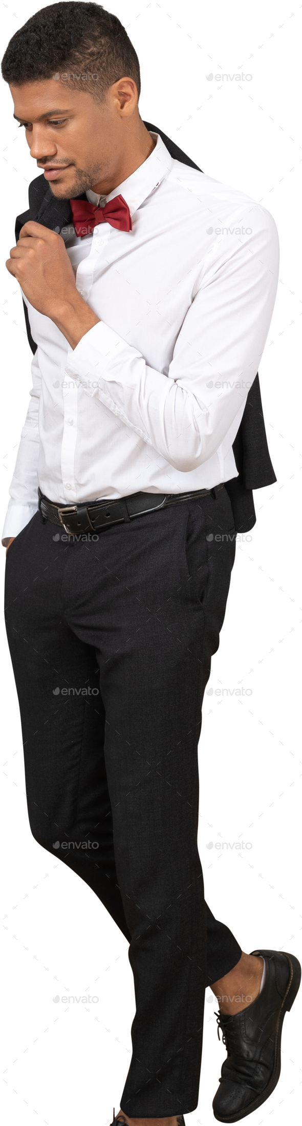 Young African American Businessman traveling, working in New York, wearing white  shirt, tie, black pants, leather shoes, shoulder carrying leather office  bag, talking on cell phone, walking on street Stock Photo |