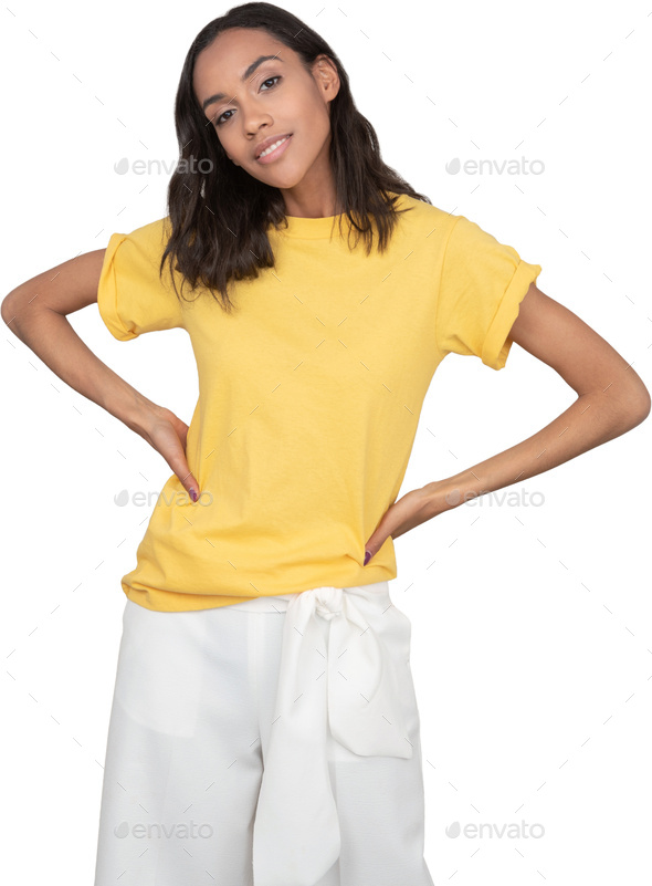 a young woman wearing a yellow t shirt and white pants Stock Photo by Icons8