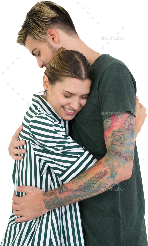a man hugging a woman with tattoos on her arms Stock Photo by Icons8
