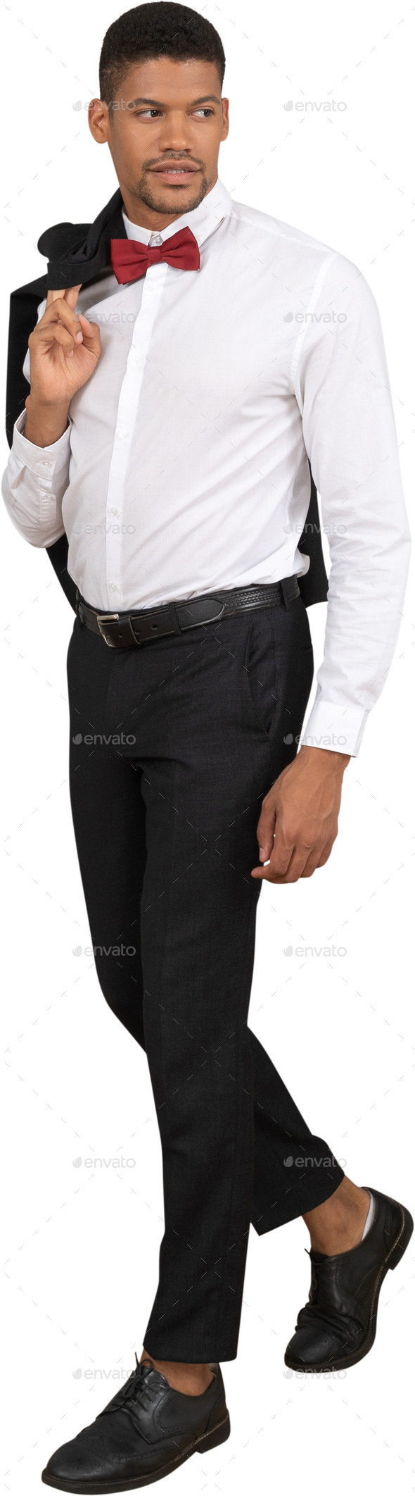 A Man In A White Shirt And Red Bow Tie And Black Pants Stock Photo By Icons8