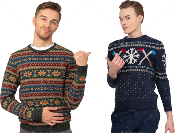 two men wearing ugly sweaters in front of a black background