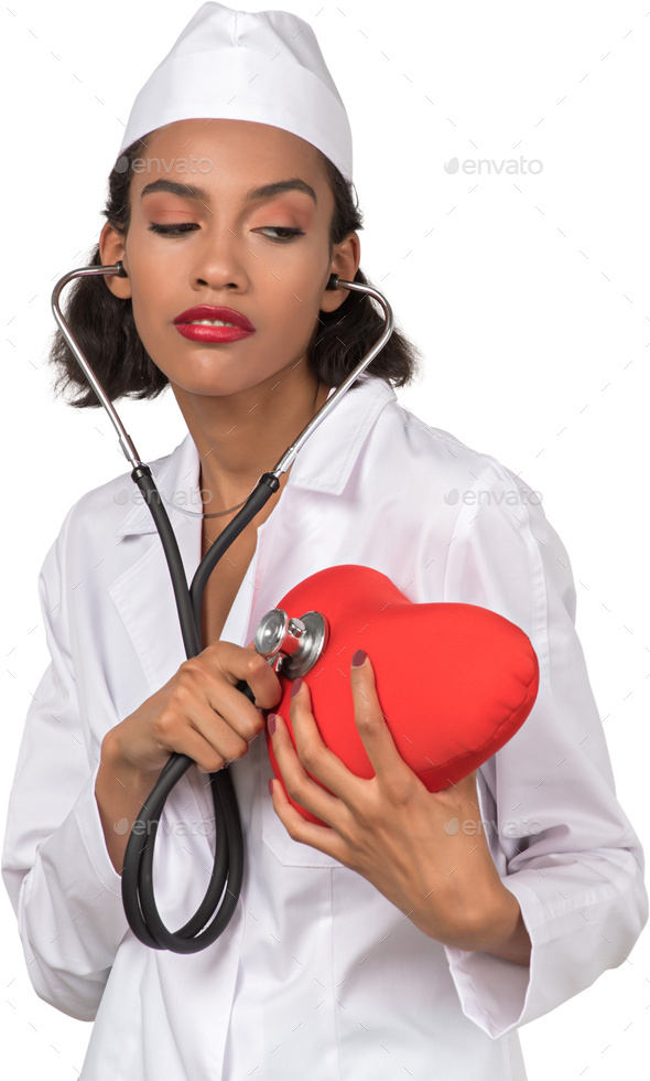 Cute Nurse Wearing Gray Uniform, Holding A Stethoscope Stock Photo