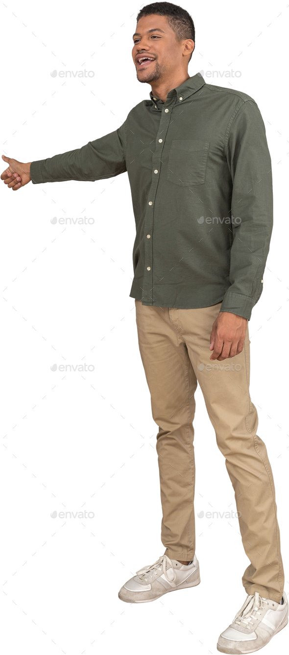 a young boy wearing green pants and a white shirt Stock Photo by Icons8