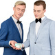 two models in blue tuxedos looking at a tiny gift in a box - PhotoDune Item for Sale