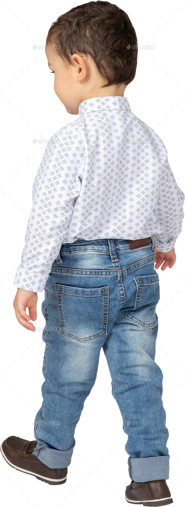 a little boy wearing jeans and a white shirt and a hat Stock Photo by