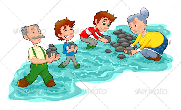 Family is Making a Little Dam with Stones - People Characters