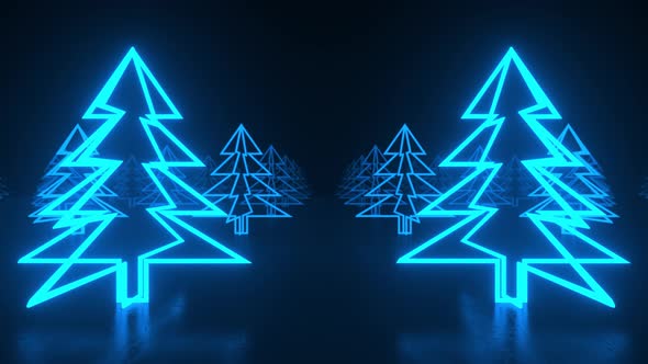 Christmas trees, blue neon glow icon on darkness black background alt