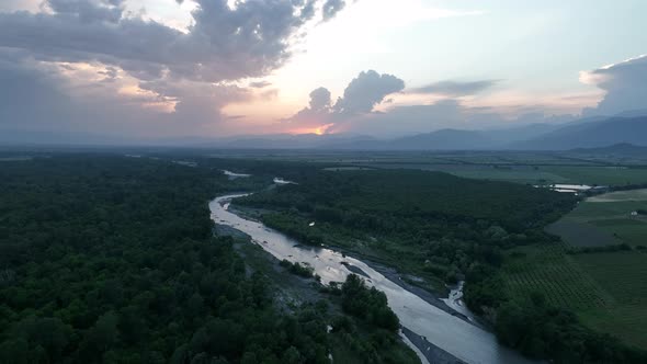 Flying over Alazani river at sunset. Kvareli, Georgia 2022 summer alt