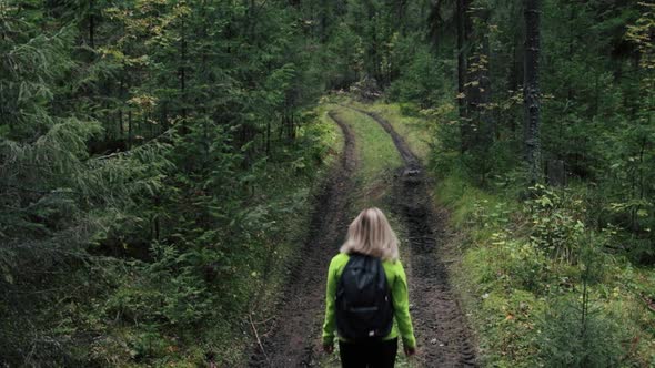 Woman tourist walking through the forest