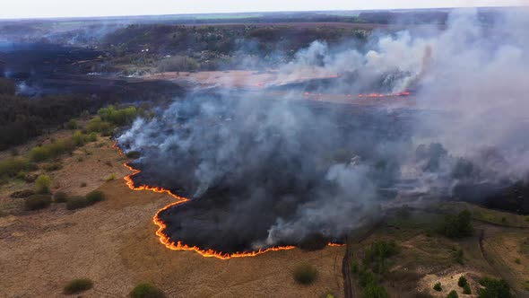 Natural ecology disaster - wildfire. Aerial view of fire on the field. View from above smoky clouds alt