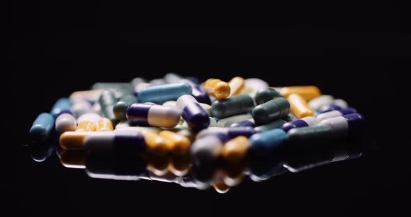 Various Medical Pills Drugs Black Background Pharmaceutical Industry alt