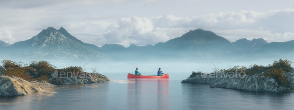 Couple adventurous people on red canoe paddling in calm water