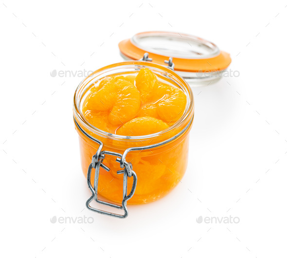 Canned tangerine. Pickled mandarin fruit in jar isolated on white background. - Stock Photo - Images