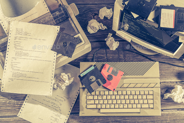 Top view of programming on old computers in the laboratory Stock Photo ...