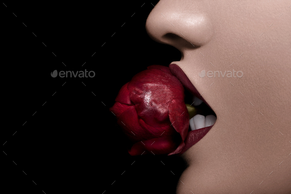 Bitting sexy a rose in red lips on black bakcground