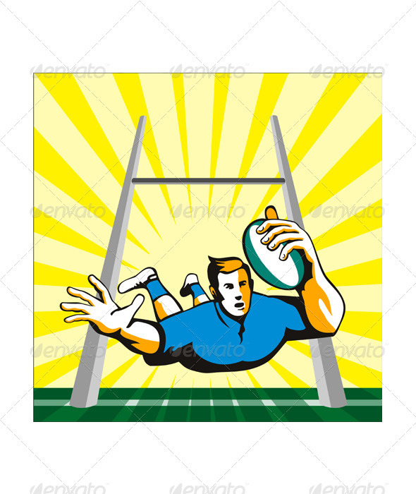 Rugby Player Scoring Try Retro - Sports/Activity Conceptual