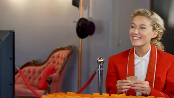 Woman distributing coupons to customers 4k alt