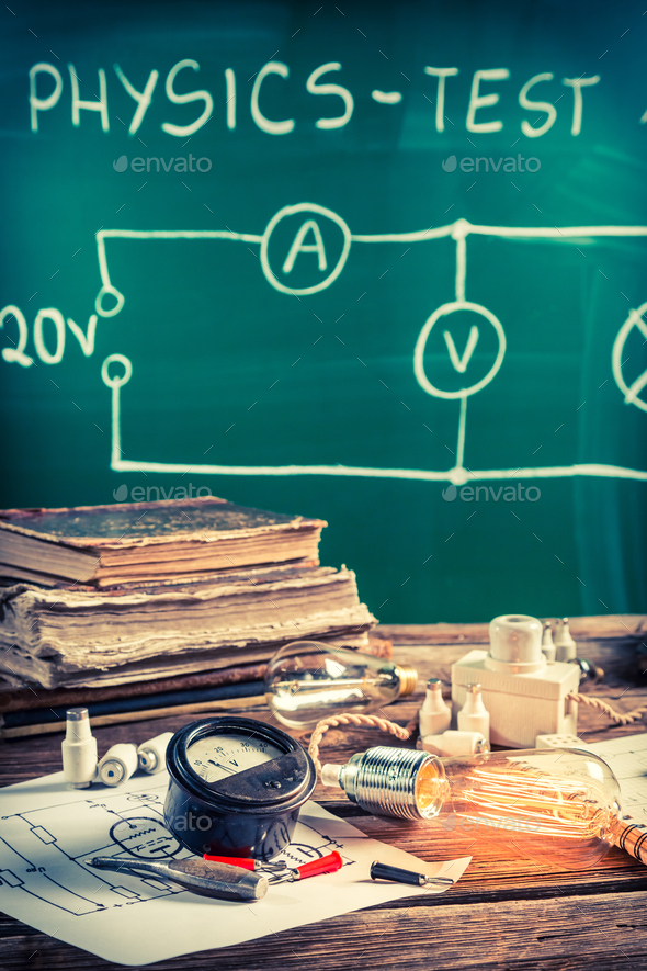 Vintage physics laboratory in old school with electrical diagram Stock