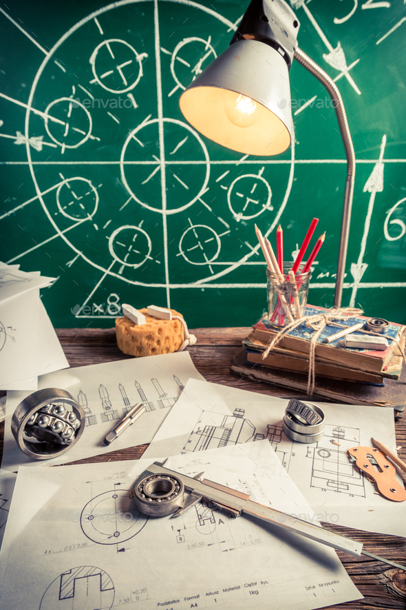 Mechanical engineer desk at the university as education concept Stock