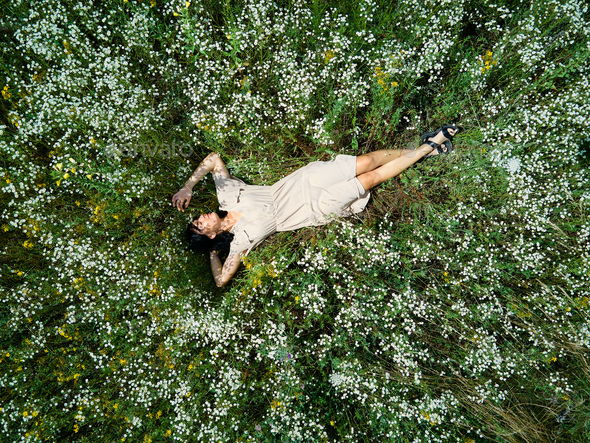 Drone aerial view of relax woman in dress lying on flower blooming meadow