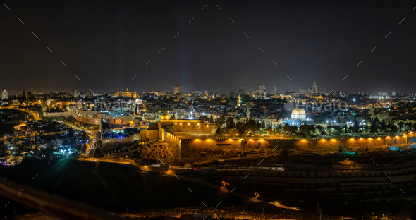 Aerial panoramic view of the Old City, Dome of the Rock and Tomb of the Prophets