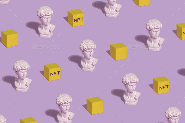 Pattern statue of Roman bust of David and blocks blockchain cryptocurrency  NFT Stock Photo by sergign