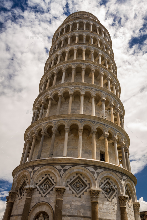 Bottom view of the Leaning Tower of Pisa - Stock Photo - Images