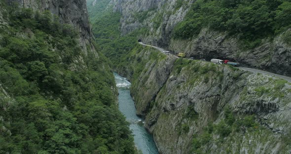 Aerial View of the Road in the Canyon of the River Moraca