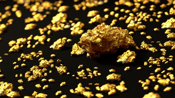 Gold nuggets on round-table. Wealth, treasure, fortune, success background. alt