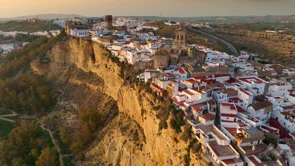 Camera Rises Over Arcos De La Frontera Andalucia Spain at Sunset alt