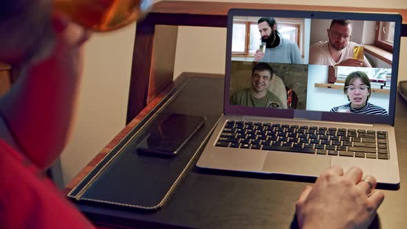 the Company of Friends Contacted Online By Video Link to Amicably Drink a Glass of Beer or Other alt