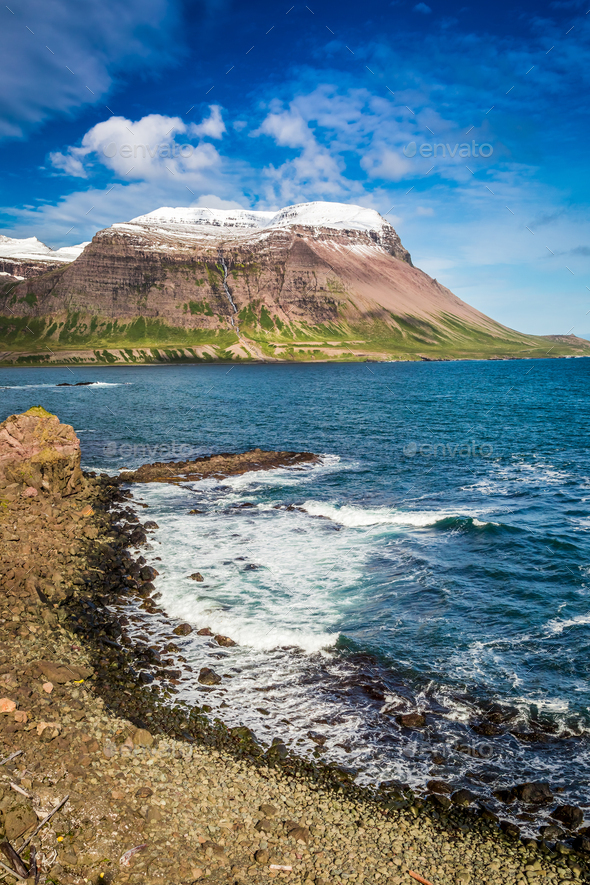 Arctic sea and coastline in Iceland in summer Stock Photo by Shaiith