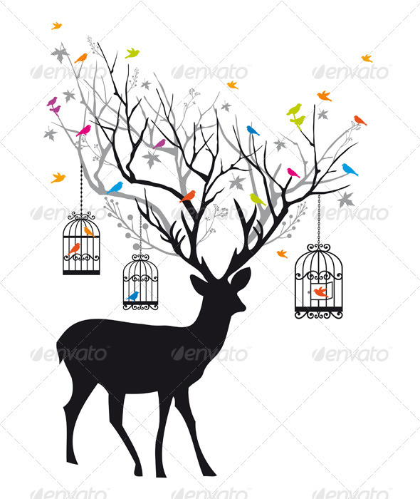 Deer With Birds And Birdcages, Vector - Animals Characters