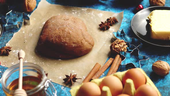 Gingerbread Dough Placed Among Various Ingredients. Christmas Baking Concept alt