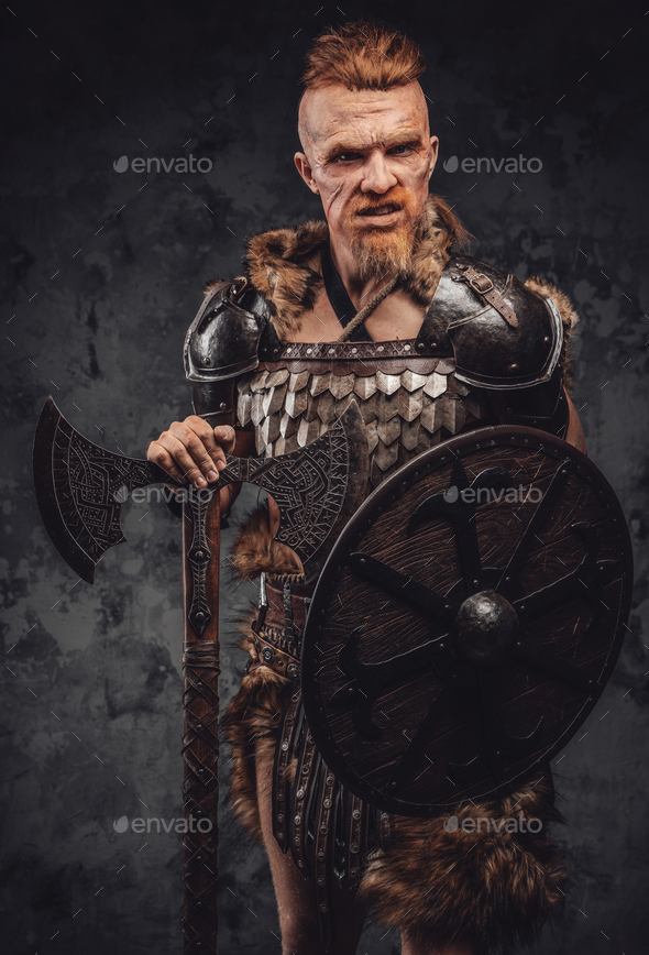 Scandinavian barbarian with shield and axe against dark background ...