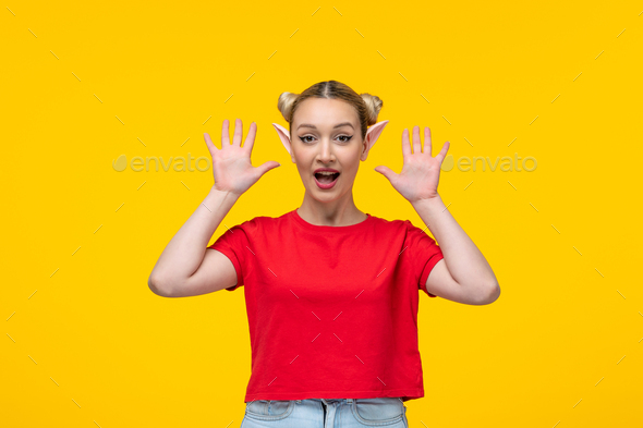 caucasian female with elf ears yellow background girl cartoon