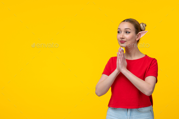 caucasian female in red t-shirt with elf ears begging yellow background girl cartoon
