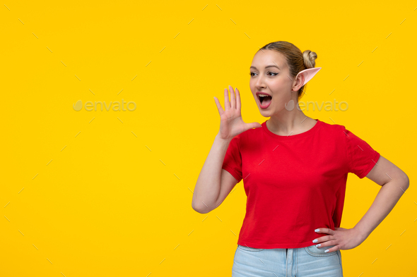 caucasian female in red t-shirt with elf ears yellow background girl cartoon