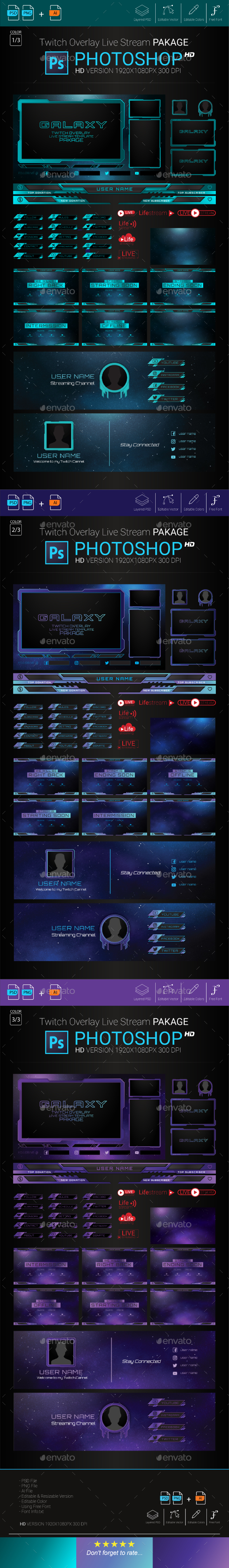 Galaxy Twitch Overlay Live Stream Photoshop Template Pack