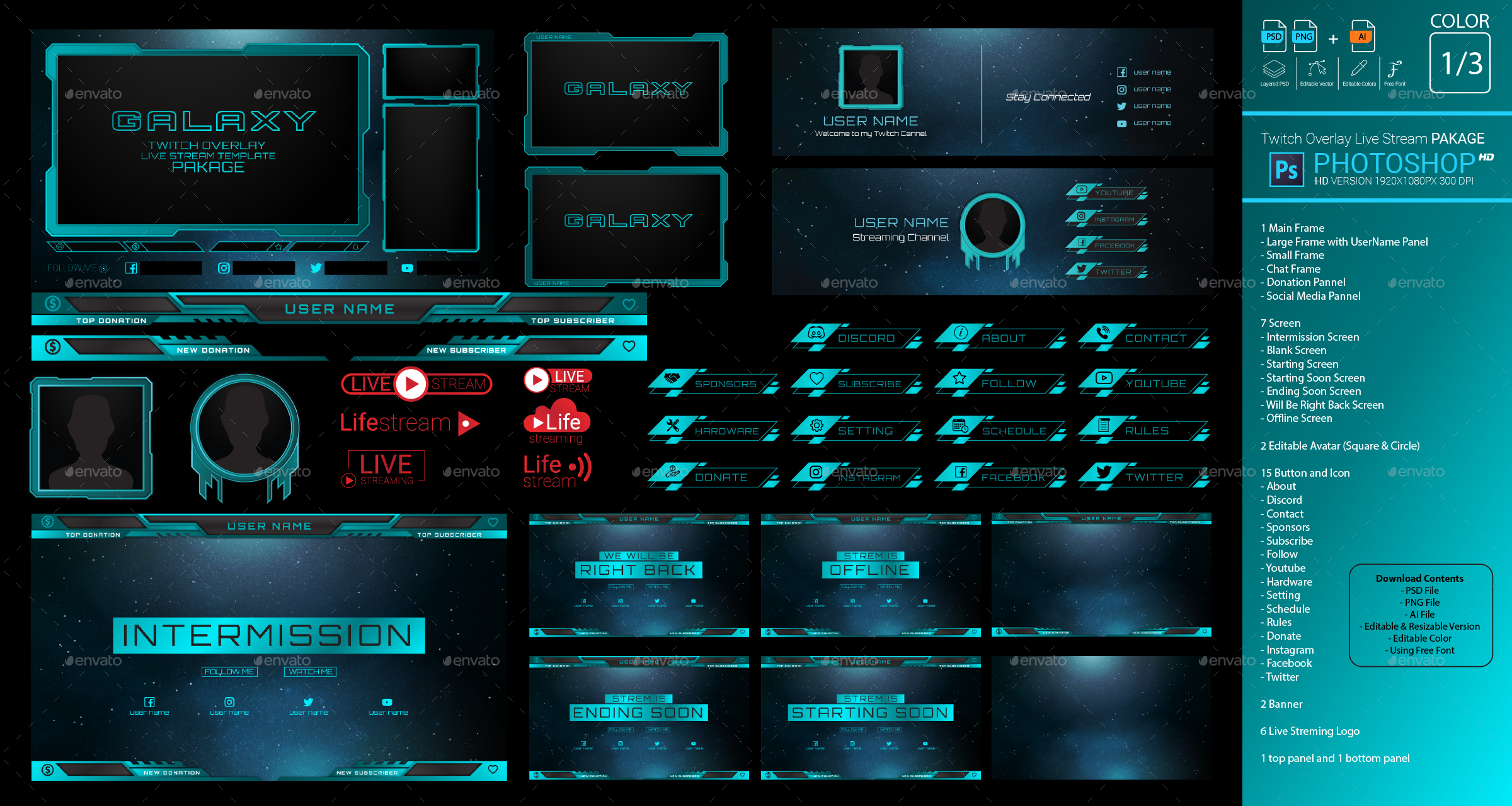 Galaxy Twitch Overlay Live Stream Photoshop Template Pack, Web Elements