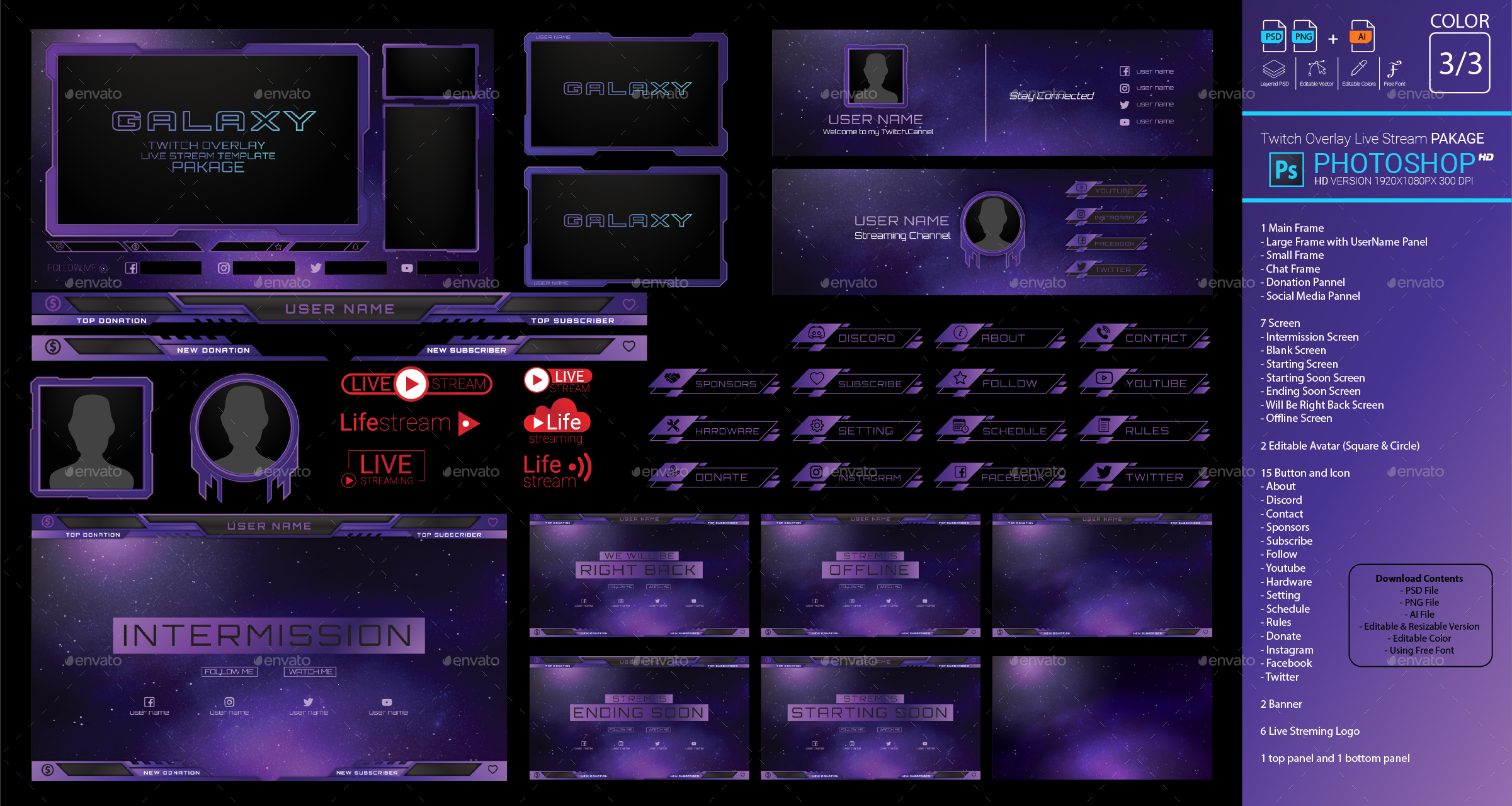 Galaxy Twitch Overlay Live Stream Photoshop Template Pack, Web Elements