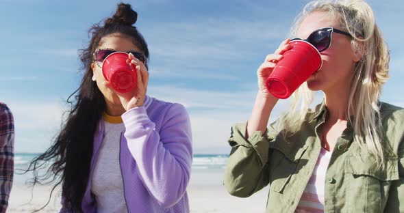Happy group of diverse female friends having fun, having picnic at the beach alt
