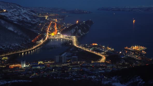 View of Petropavlovsk Kamchatsky City On Mountainous Coast of Pacific Ocean