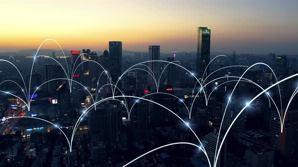 smart Connected city skyline. Futuristic network concept, city Technology. alt